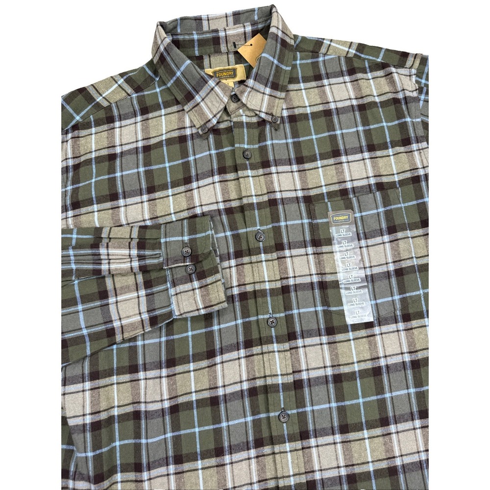 Foundry Shirt Men's Large Tall Green Tan Plaid Flannel Long Sleeve Outdoor NWT